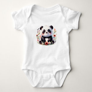 Sweet Baby Panda with Flowers Cute Animal Art Bodysuit