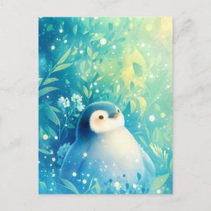 Sweet Baby Penguin in Teal Flower Garden Postcard