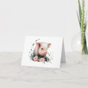 Sweet Baby Piglet with Flowers BLANK Card