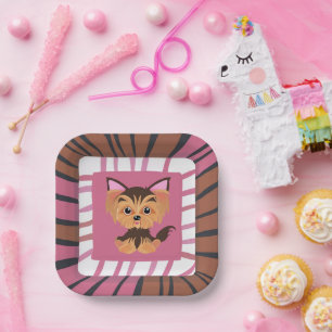 Sweet Baby Pink and Brown Yorkie Paper Plate