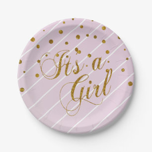 Sweet Baby Pink and Gold Confetti Paper Plate