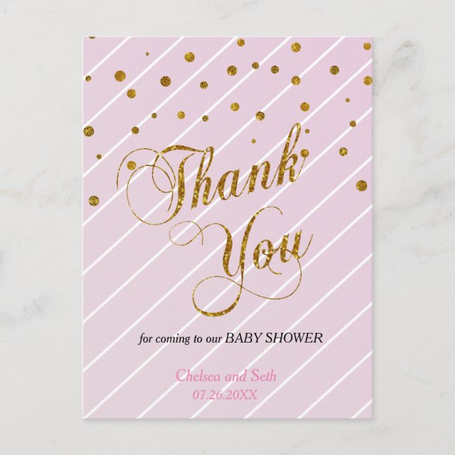 Sweet Baby Pink and Gold Confetti - Thank You Postcard (Front)