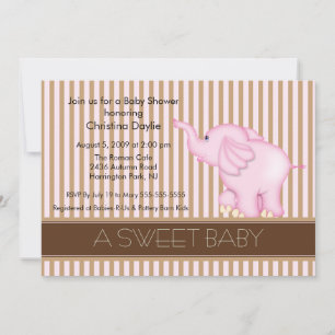Sweet Baby Pink & Brown Elephant Baby Shower Invitation