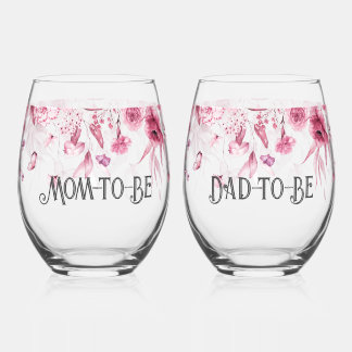 Sweet Baby Pink Floral Drop l Mum & Dad-to-Be Stemless Wine Glass
