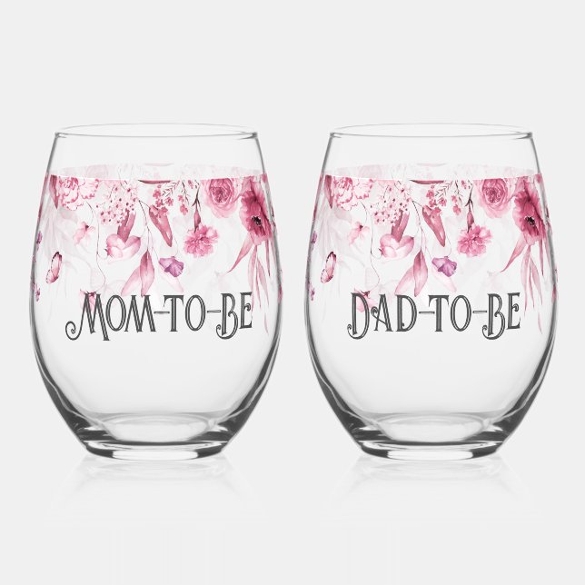Sweet Baby Pink Floral Drop l Mum & Dad-to-Be Stemless Wine Glass (Front)