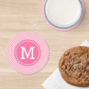 Sweet Baby Pink Gingham Personalise Monogram Round Paper Coaster