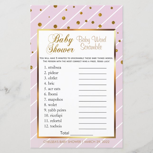 Sweet Baby Pink & Gold Baby Shower - Word Scramble (Front)