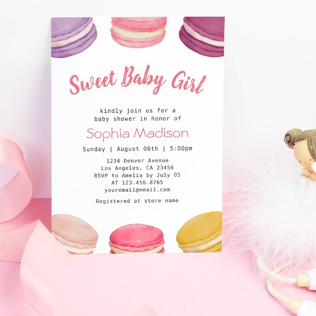 Sweet Baby Pink Macarons Dessert Baby Girl Shower Invitation (Creator Uploaded)