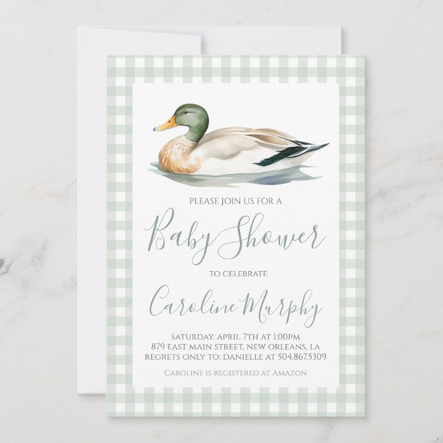 Sweet Baby Shower Mallard Duck Green Gingham Invitation (Front)
