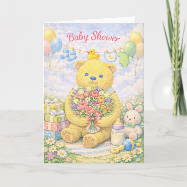 Sweet Baby Shower – Teddy Bear with Bouquet Card (Front)