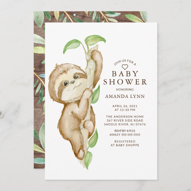 Sweet Baby Sloth Baby Shower Invitation (Front/Back)