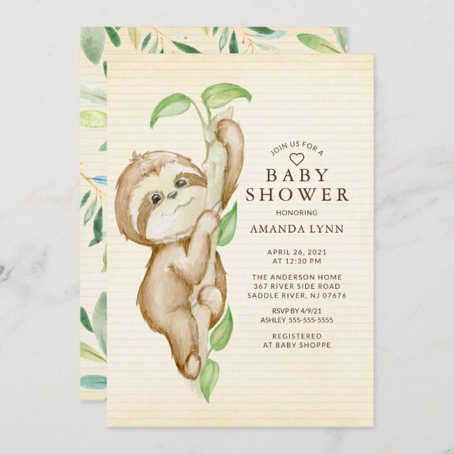 Sweet Baby Sloth Baby Shower Invitation (Front/Back)