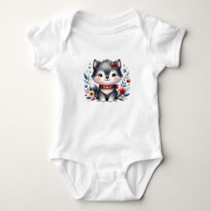 Sweet Baby Wolf with Flowers Cute Animal Art Bodysuit