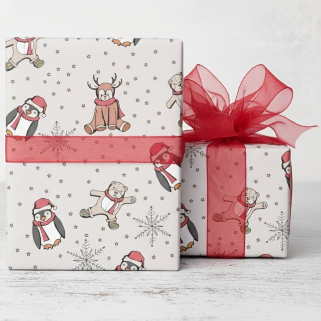 Sweet Babys First Christmas Winter Animals Wrapping Paper (Cute Winter Stuffed Animals, Snowflakes, Polka Dots Pattern Gender Neutral Xmas Gift Wrap for Kids)