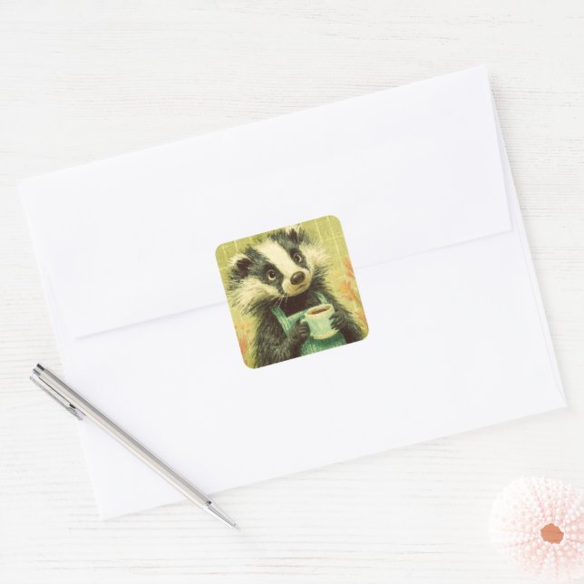 Sweet Badger With a Cup of Coffee Square Sticker (Envelope)