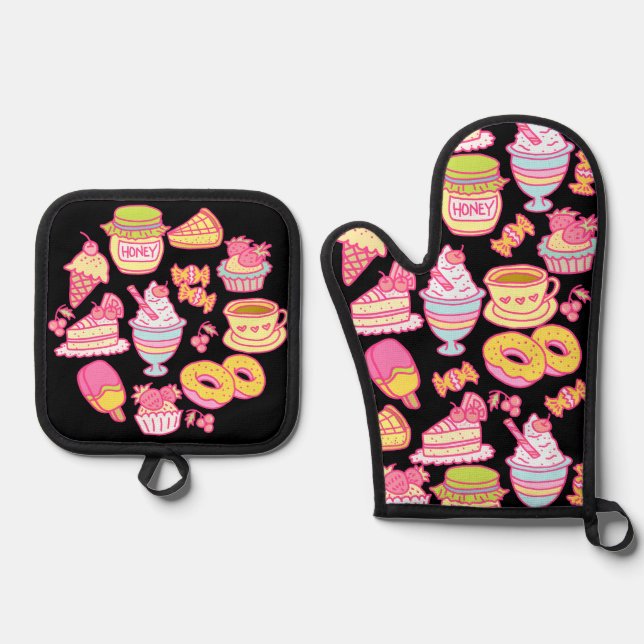 Sweet Bakery and Drinks Black Oven Mitt & Pot Holder Set (Front)
