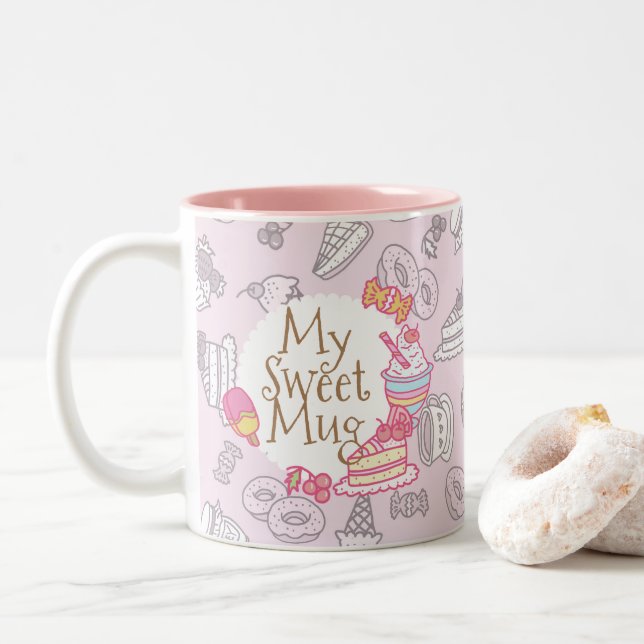 Sweet Bakery and Drinks Pink Two-Tone Coffee Mug (With Donut)