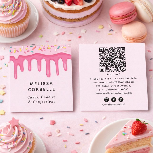 Sweet Bakery Sprinkles Cream Drips QR Code Pink Square Business Card (Creator Uploaded)