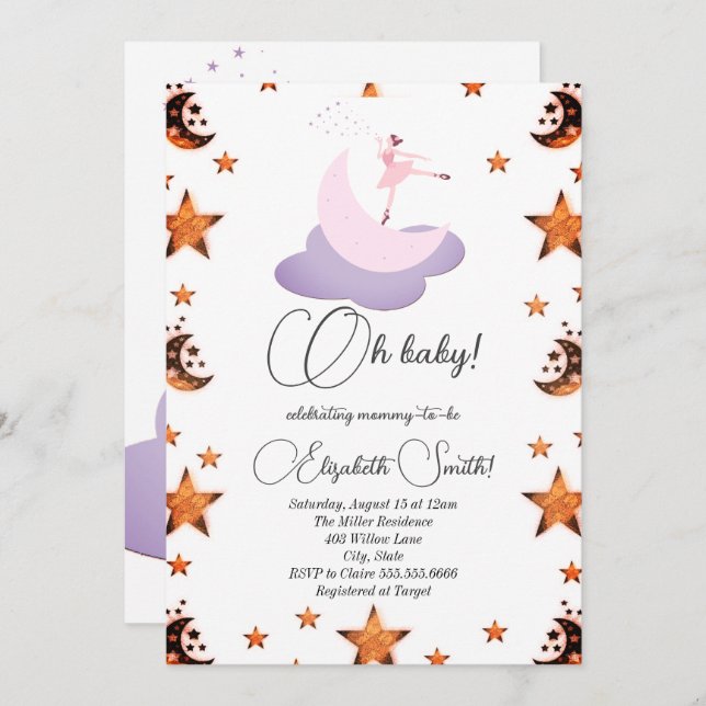 Sweet ballerina moon, baby shower invitation (Front/Back)