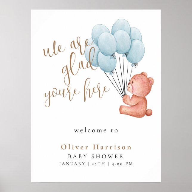 Sweet Bear Baby Shower Blue Balloon Welcome Sign (Front)