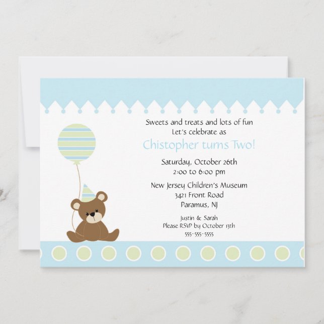Sweet Bear & Balloon Kids Birthday Invitation (Front)