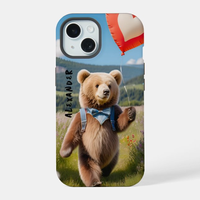 Sweet Bear Holding Heart-Shaped Balloon iPhone 15 Case (Back)