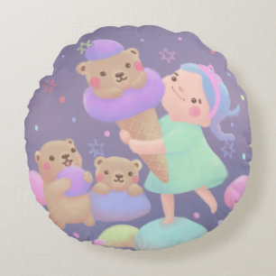 Sweet Bear Ice Cream Illustration Round Cushion