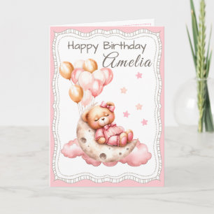 Sweet Bear on the Moon Birthday Card for Girl