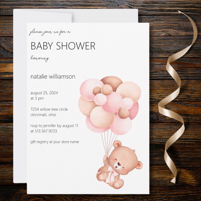 Sweet Bear with Balloons Baby Shower  Invitation (Also available with QR code. )