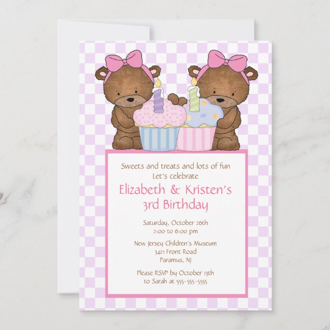Sweet Bears Cupcake Twins Birthday Invitation (Front)