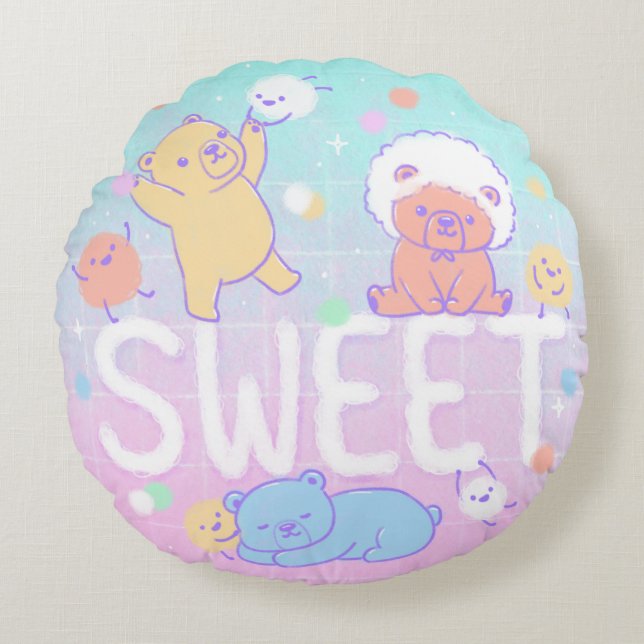 Sweet Bears with Fluffy Monsters Round Cushion (Front)