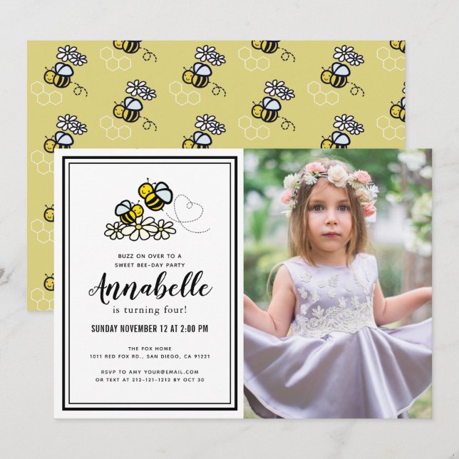 Sweet Bee Day Party Cute Floral Photo Birthday Invitation (Front/Back)