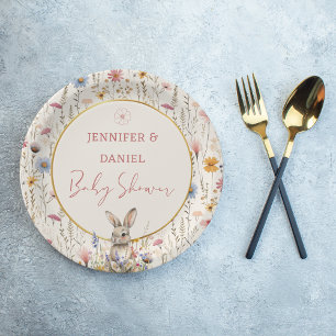 Sweet Beige Wildflower Bunny Baby Shower Paper Plate