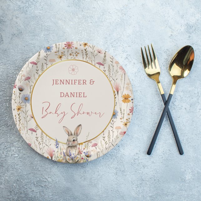 Sweet Beige Wildflower Bunny Baby Shower Paper Plate (Creator Uploaded)