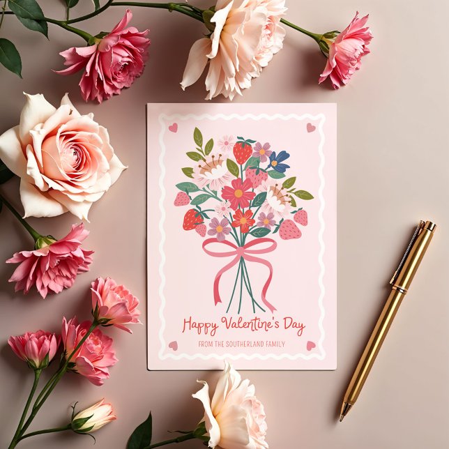 Sweet Berries & Floral Bouquet Valentines Day Card (Sweet Berries & Floral Personalized Valentines Day Holiday Card)