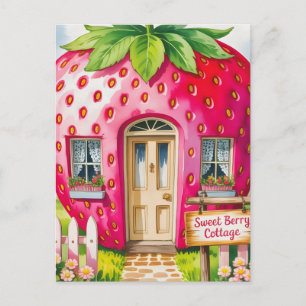 Sweet Berry Cottage" Whimsical Strawberry House Holiday Postcard