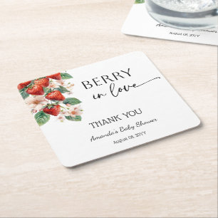 Sweet Berry in Love Strawberry Bridal Shower Square Paper Coaster