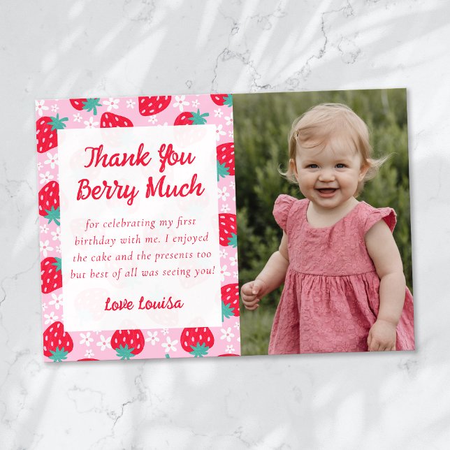 Sweet Berry Strawberry Daisy Photo Thank You Card (Creator Uploaded)