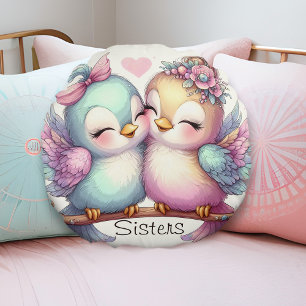 Sweet Bird Sisters Adorable Girly Pink Pastel Love Round Cushion