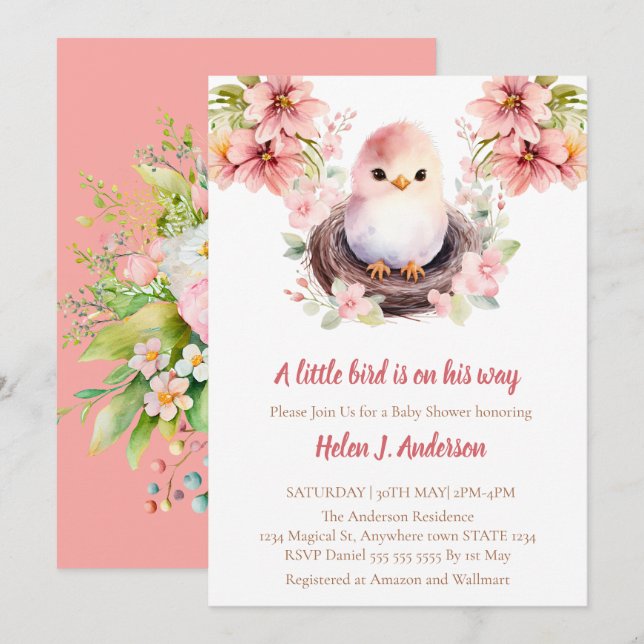 Sweet Bird Watercolor Pink Flower Baby Shower Invitation (Front/Back)