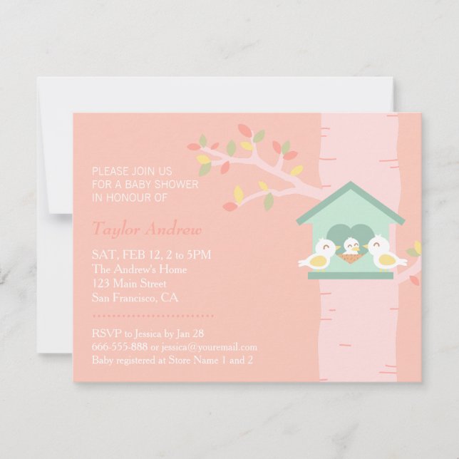 Sweet Birdhouse Nest Bird Spring Pink Baby Shower Invitation (Front)