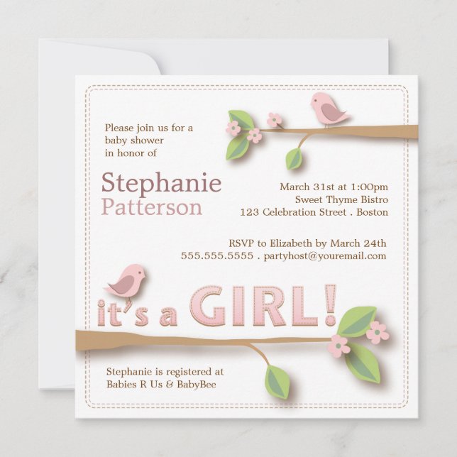 Sweet Birdie It's a Girl Baby Shower Invitation (Front)