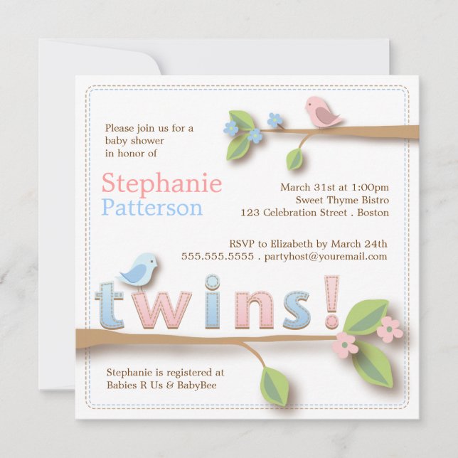 Sweet Birdie Twin Boy Girl Baby Shower Invitation (Front)