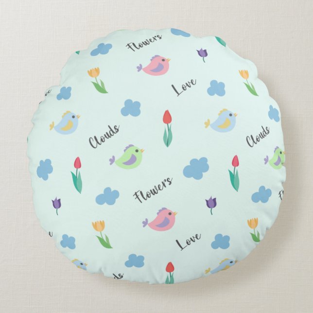 Sweet Birds, Flowers & Clouds Typography Pattern Round Cushion (Front)