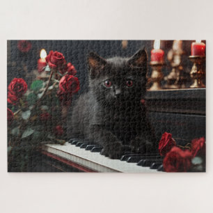 Sweet black cat lying on piano jigsaw puzzle