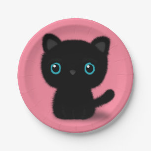 Sweet Black kitten on pastel pink Paper Plate