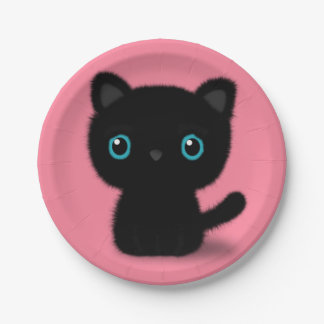 Sweet Black kitten on pastel pink Paper Plate