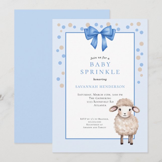 Sweet Blue Baby Sprinkle with Bow & Cute Lamb  Invitation (Front/Back)
