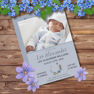 Sweet Blue Boho Floral Baby Boy Photo Birth Announcement
