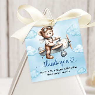 Sweet Blue Brown Teddy Bear Pilot Boy Shower Favour Tags